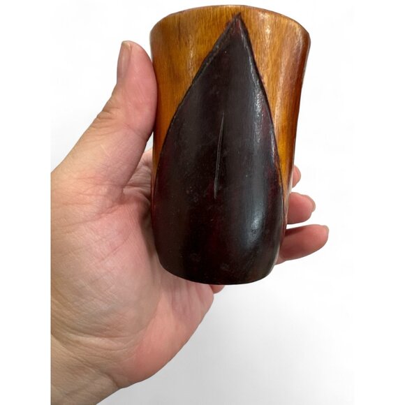 Set Of 6 Hand-Carved Wooden Cups With Geometric Design two tone mid century mod - Picture 4 of 4